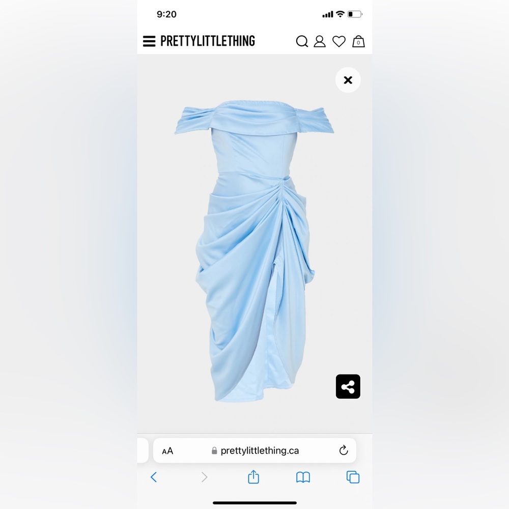 Blue Satin Draped Bardot Midi Dress
